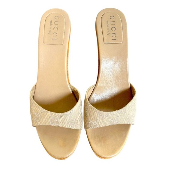 90'S Y2K AUTHENTIC‎ GUCCI NUDE LOGO MONOGRAM SANDALS SLIDES HEELS US 6 EUC - Picture 4 of 7